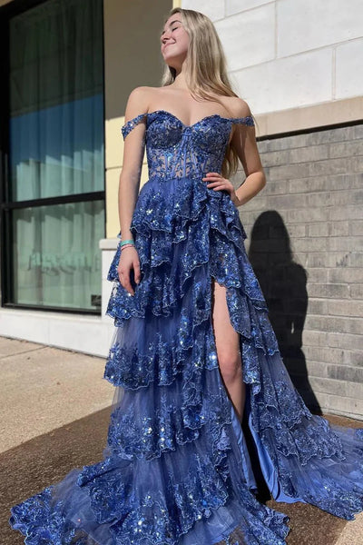 Cute A Line Off the Shoulder Blue Sequin Lace Long Prom Dresses VK23051903