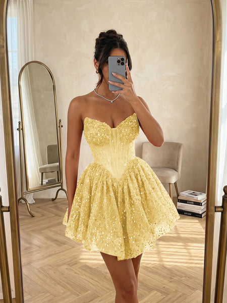 Sequin Strapless Sweetheart Mini Homecoming Dress with Ruffled Skirt