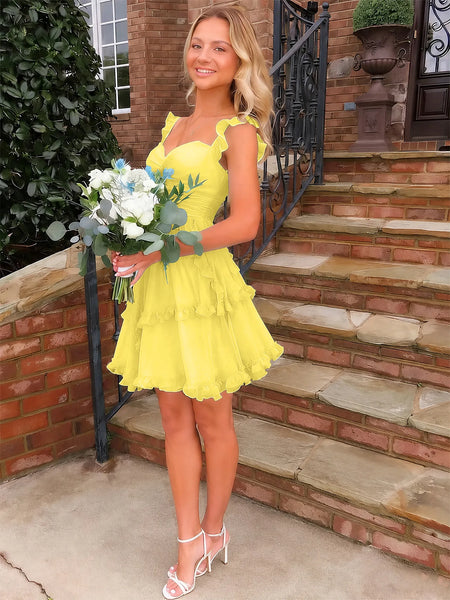 Sweetheart Ruffle Strap Tiered Chiffon Mini Homecoming Dress