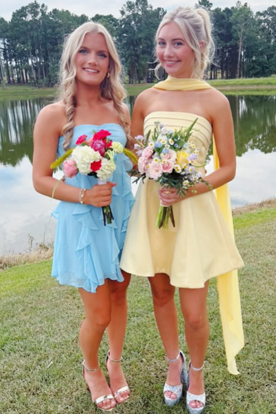 Yellow A-Line Strapless Pleats Satin Empire-Waist Sleeveless Short Homecoming Dress
