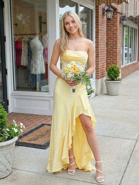 Yellow Satin Corset Ruffle Long Prom Dress with Slit