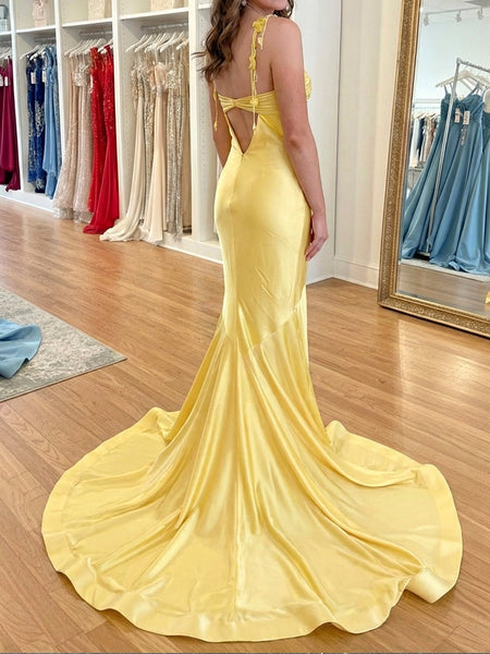 Yellow Satin Mermaid Prom Dress with Floral Straps