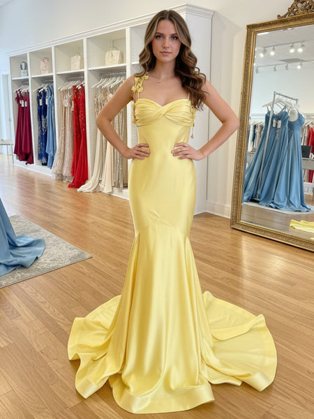 Yellow Satin Mermaid Prom Dress with Floral Straps