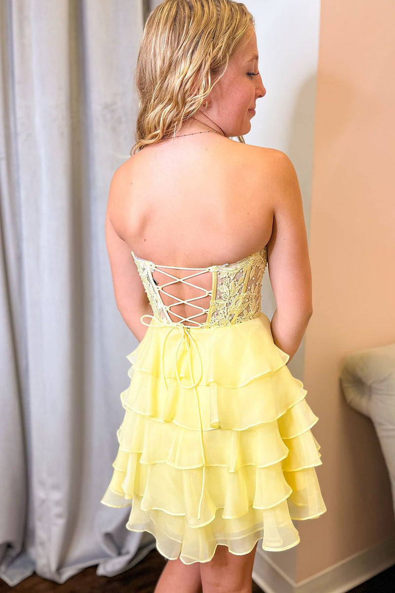 Yellow Ruffle Terry Short Set A-Line Sweetheart Yellow Ruffle Tiered Chiffon Short Homecoming Dress ...
