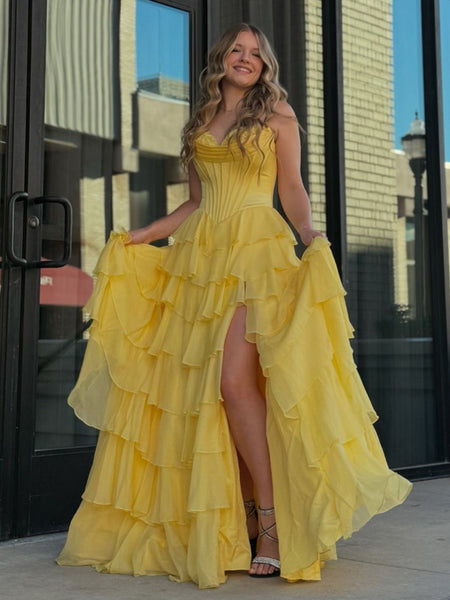 Cute Yellow Sweetheart Ruffle Chiffon Tiered Long Prom Dresses With Split