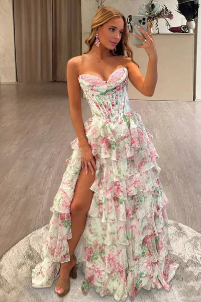 Cute A Line Sweetheart Pink Floral Chiffon Tiered Prom Dress VK011509