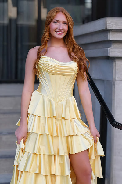 Yellow Strapless A Line Satin Ruffled Long Prom Dresses With Slit