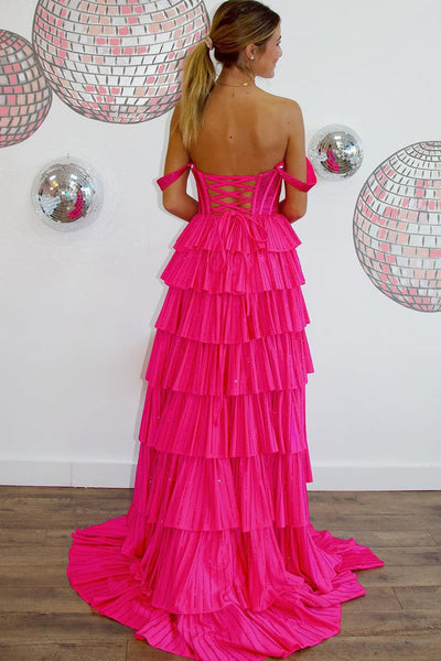 Fashion A Line Off the Shoulder Black Satin Tiered Slit Prom Dresses with Beads