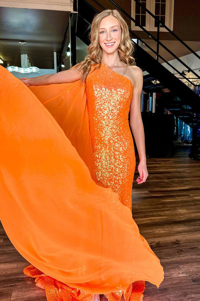 Cute Mermaid One Shoulder Orange Sequins Prom Dresses with Slit