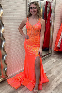 Orange Sequin Corset Top Mermaid Long Prom Dress with Slit VK23092610