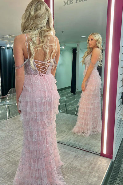 Pink Scoop Neck Sequins Ruffle Tiered Sheath Prom Dresses VK24032003