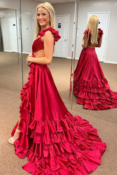 Flowy Red Cutout Ruffle A-Line Long Prom Dress with Slit VK23112106