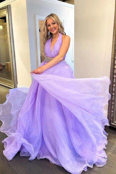 A-Line Halter Lilac Long Prom Dresses with Beadings VK24013003