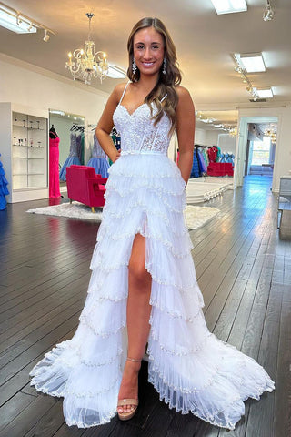 White Tulle Appliques Sweetheart Long Prom Dresses with Slit VK23111201