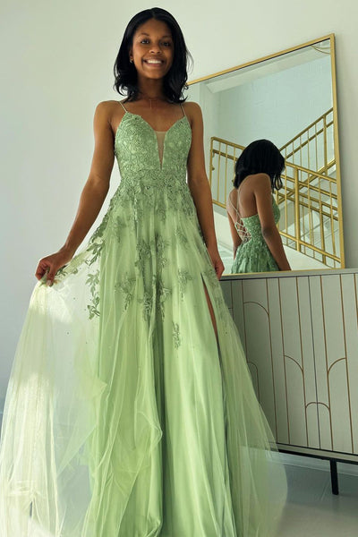 A-Line V Neck Sage Green Tulle Long Prom Dresses with Appliques VK24011005