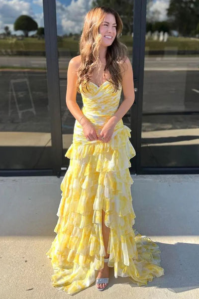 Cute Mermaid Sweetheart Floral Chiffon Tiered Prom Dress with Slit VK25012503