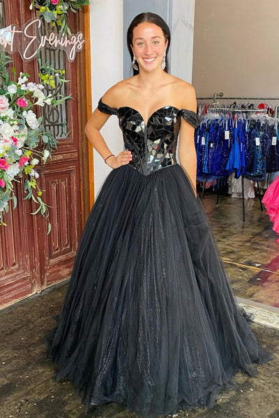 Black Mirror-Cut Sequins Top Off-the-Shoulder A-line Tulle Long Prom Dress VK23102903