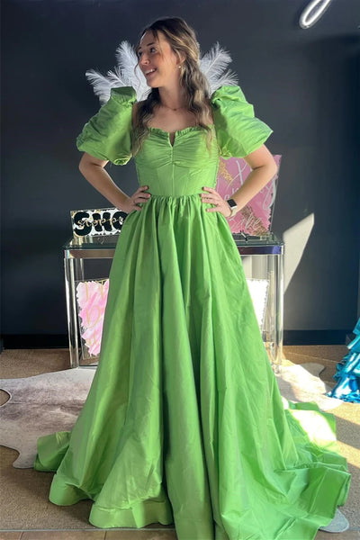 Green Ruffled Puff Sleeves Satin Long Prom Dress VK23112701