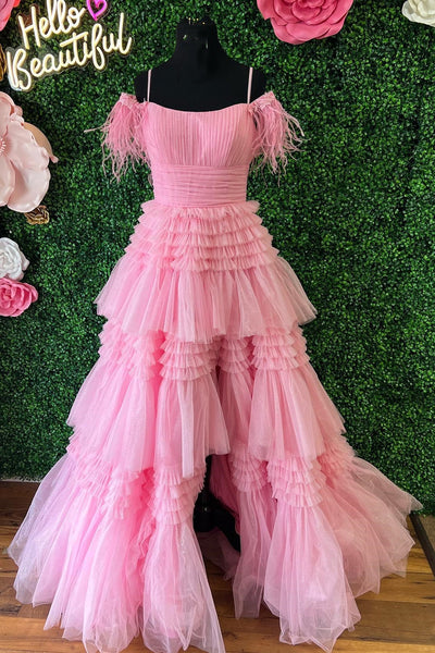 Blue Feather Cold-Shoulder Tiered Long Prom Dress with Ruffles VK23093006