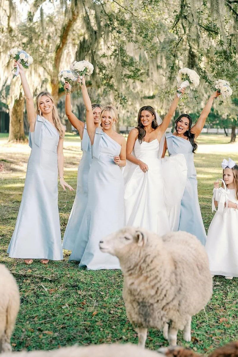 Light Blue One Shoulder Satin Sheath Long Bridesmaid Dresses VK24012502