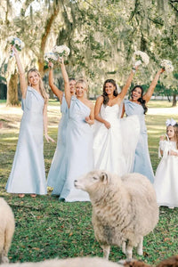 Light Blue One Shoulder Satin Sheath Long Bridesmaid Dresses VK24012502