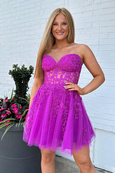 Purple A-Line Sweetheart Tulle Short Homecoming Dresses with Lace Appliques VK23072103
