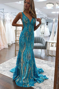 Charming Mermaid V Neck Blue Gold Sequins Long Prom Dresses VK24101712 Vickidress Charming Mermaid V Neck Blue Gold Sequins Long Prom Dresses VK24101712 Vickidress