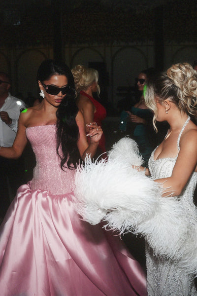 Luxurious A-Line Strapless Pink Satin Sequins Long Prom Homecoming Dresses VK26081106