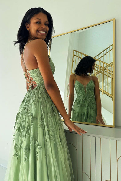 A-Line V Neck Sage Green Tulle Long Prom Dresses with Appliques VK24011005