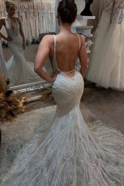 Gorgeous Mermaid V Neck Sequins Lace Long Wedding Dress VK25060705