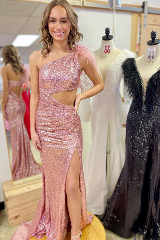 Blush Pink One Shoulder Sequins Long Prom Dresses with Feather VK24020405