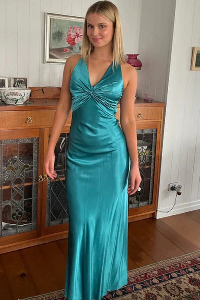 Mermaid V Neck Peacock Silk Satin Long Prom Dress VK26031101