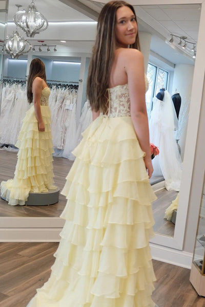Yellow Sweetheart Tiered A-Line Long Prom Dress with Appliques VK23121701