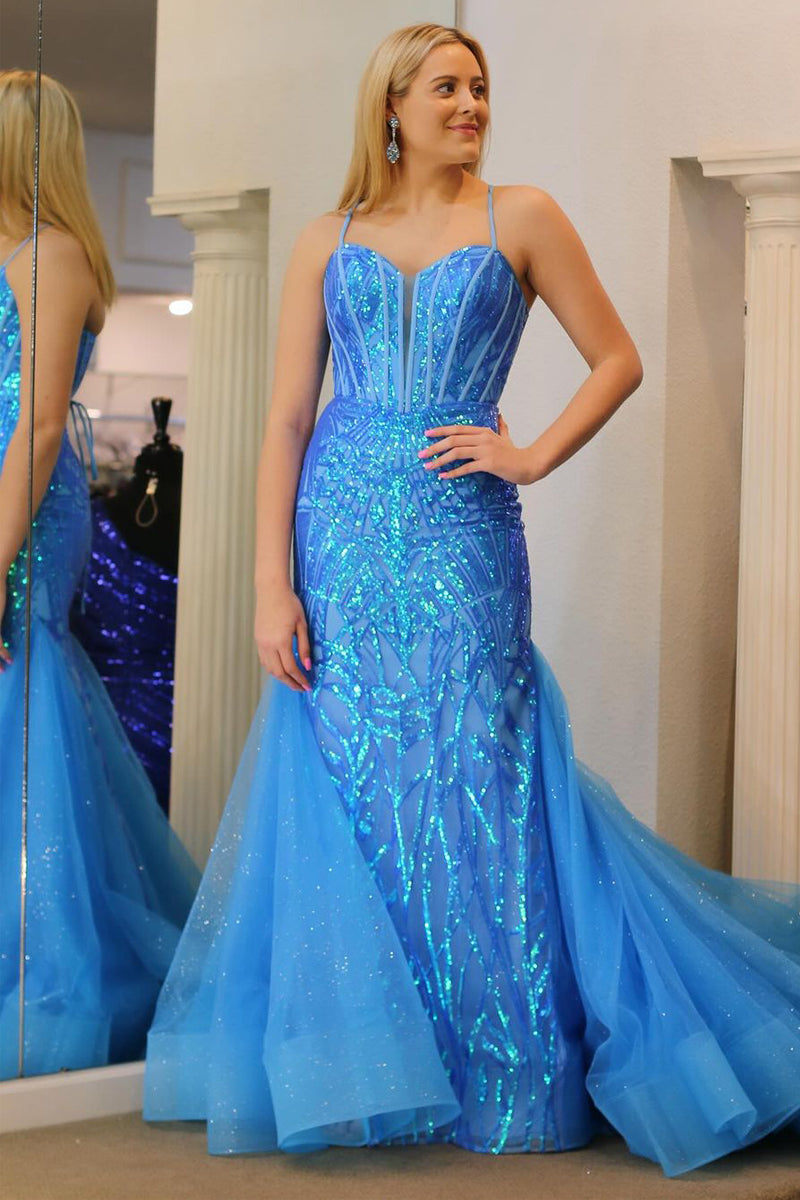 Blue Sequin Lace Sweetheart Mermaid Long Prom Dresses VK23121401