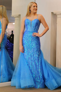 Blue Sequin Lace Sweetheart Mermaid Long Prom Dresses VK23121401