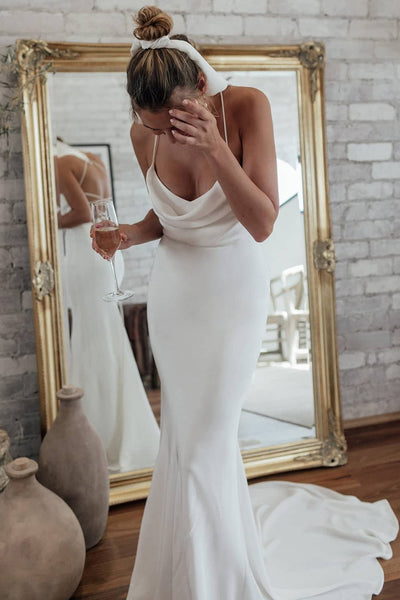 Simple White Satin Spaghetti Straps Mermaid Wedding Dresses VK23101704