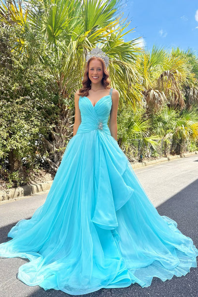 Gorgeous A Line V Neck Aqua Chiffon Long Prom Dress with Beading VK25121011