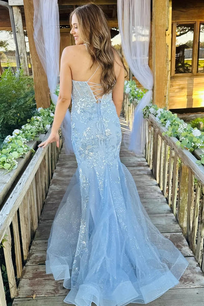 Light Blue Scoop Neck Sequin Lace Trumpet Long Prom Dresses VK24011104