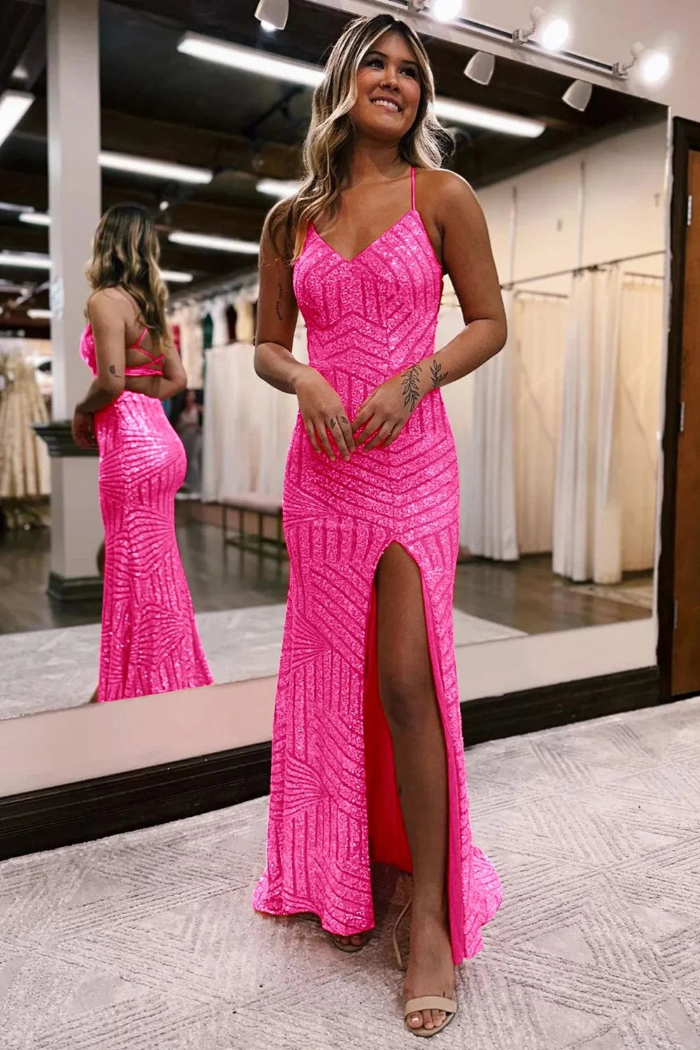 Sparkly Hot Pink Open Back Sequins Long Prom Dress with Slit VK23092903