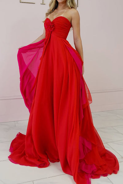 Graceful A-Line Sweetheart Red Chiffon Long Prom Dress with Handmade Flower VK26022201