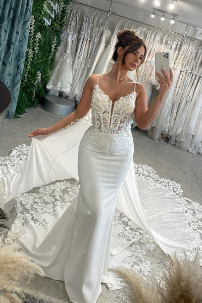Mermaid V Neck Elastic Satin Long Wedding Dress with Appliques VK25060802