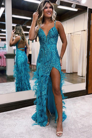 Jade Sequin Lace V Neck Mermaid Prom Dresses with Slit VK23112408