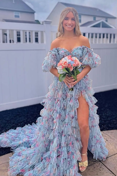 Sweet A Line Off the Shoulder Blue Floral Tulle Tiered Prom Dress VK25052901