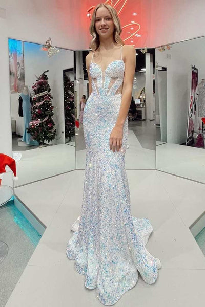 White Iridescent Sequin Straps Cutout Mermaid Long Prom Dress VK23122308