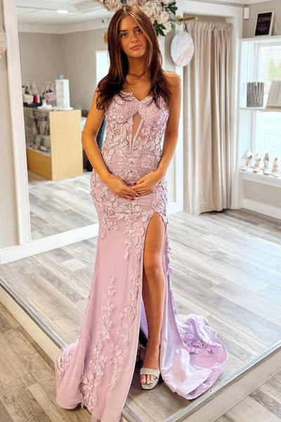 Stunning Mermaid Strapless Sweetheart Lilac Lace Appliques Long Prom Dresses with Slit VK26012402