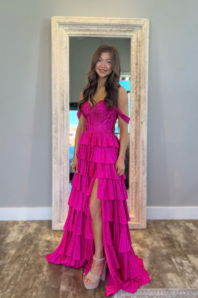 Cute A Line Off the Shoulder Fuchsia Tiered Satin Slit Prom Dress with Beading