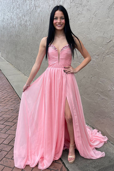 Cute A Line V Neck Pink Chiffon Slit Prom Dresses with Beading VK24112218