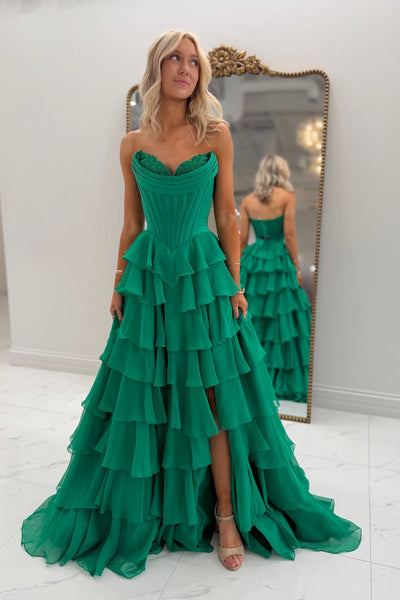 A-Line Strapless Green Ruffle Tiered Chiffon Long Prom Dresses with Slit VK26012607