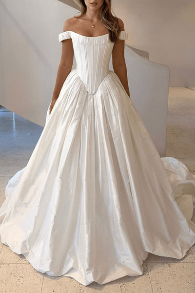 A-Line Off the Shoulder White Satin Wedding Dresses VK26081905