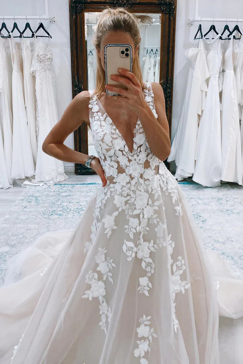 A Line V Neck Tulle Wedding Dresses with Appliques VK24110705